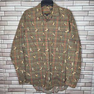 Tango By Max Raab Men's Large Button Up Shirt Green Red Check Duck Print Casual